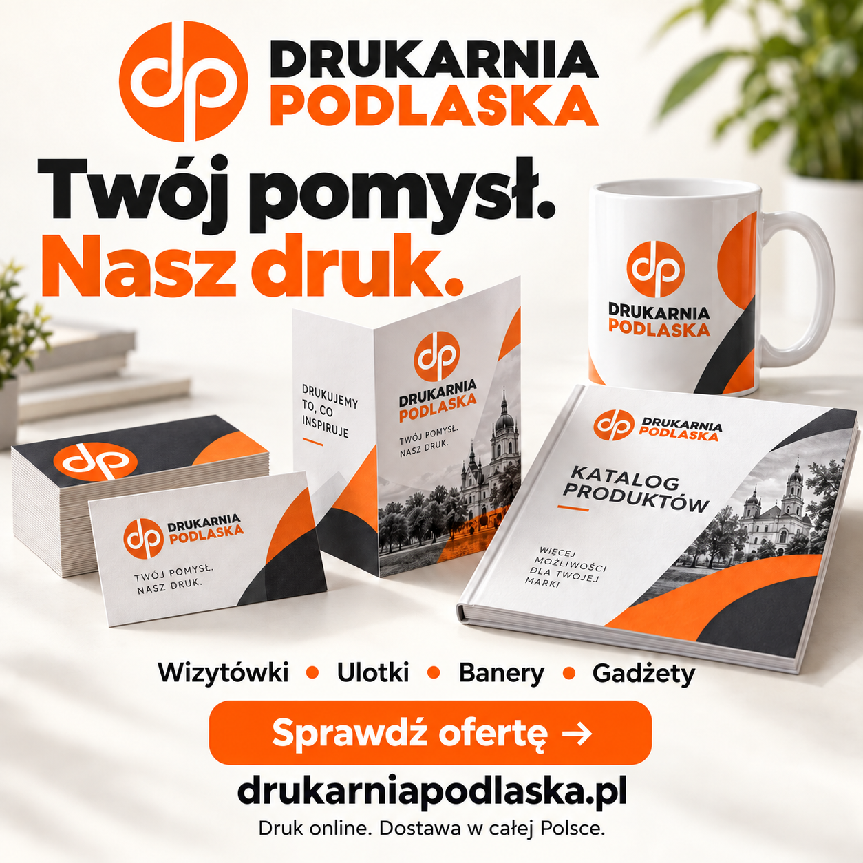 Materiały reklamowe Drukarni Podlaskiej: wizytówki, ulotki, katalog i kubek z nadrukiem